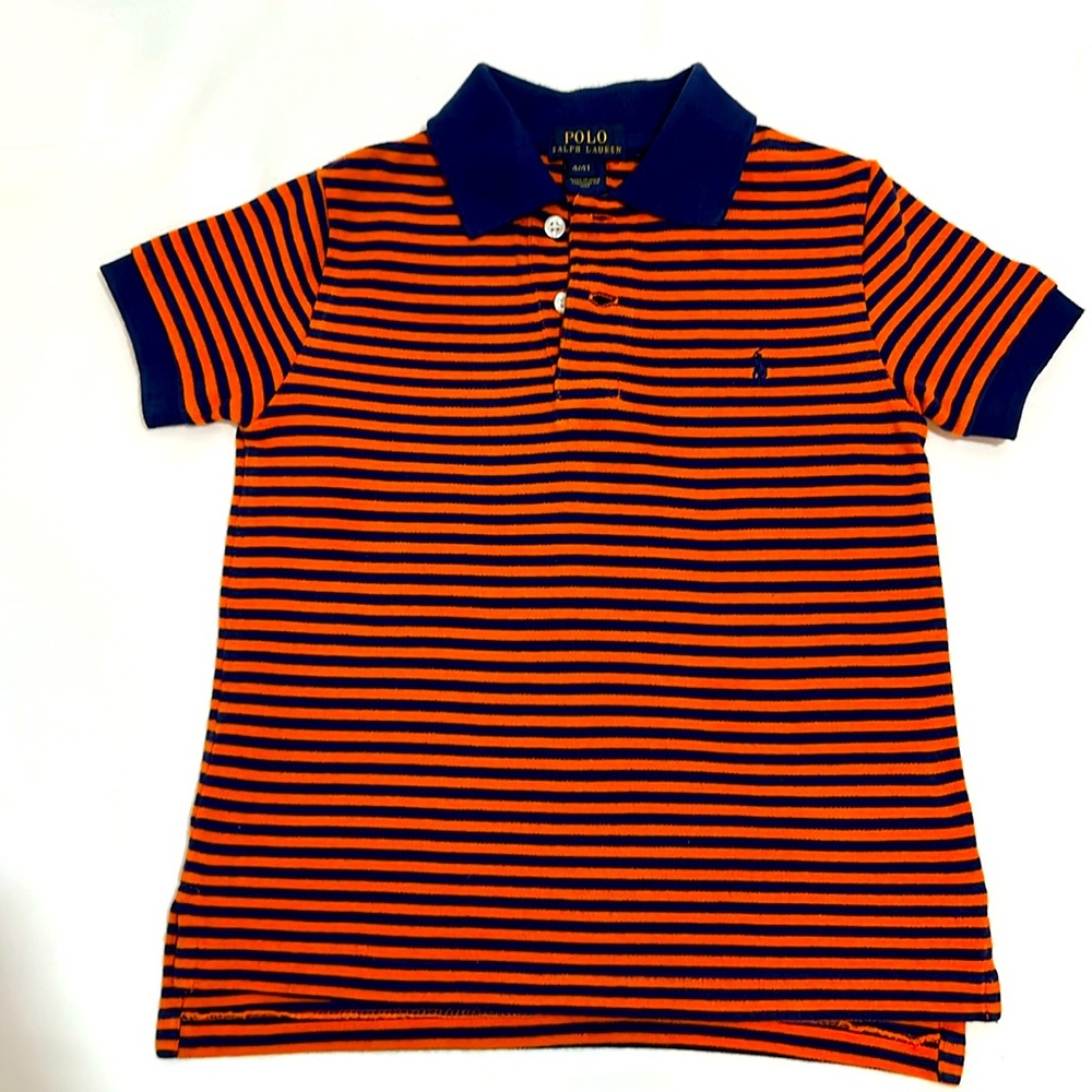 Striped Cotton Mesh Polo Shirt- orange/blue